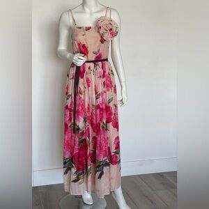 Floral Pink red roses, Maxi Dress 100% cotton, spaghetti straps, Italy, size S